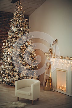 Christmas decor. Holiday at home. Christmas room with a beautiful Christmas tree