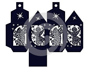 Christmas decor lantern with angels. Stencil for cutting and New Year`s decor