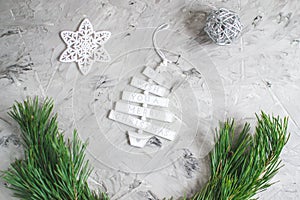 Christmas Decor New Year Party Concept Vintage Toys White Star Fir Tree Branch