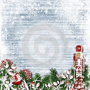 Christmas decor with a nutcracker and candy cane. with firtree o