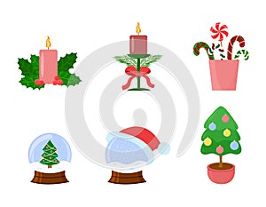 Christmas decor set. Candles, snowballs, Christmas tree in pot, candies isolated. Vector design collection