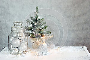 Christmas decor with silver balls and candle