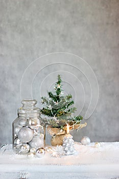 Christmas decor with silver balls and candle