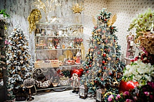 Christmas decor in the store on eve of New Year`s holidays