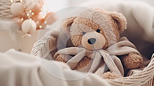 Christmas decor, teddy bear close-up on the background of a cozy interior