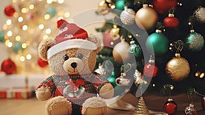 Christmas decor, teddy bear close-up on the background of a cozy interior