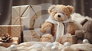 Christmas decor, teddy bear close-up on the background of a cozy interior