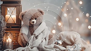 Christmas decor, teddy bear close-up on the background of a cozy interior