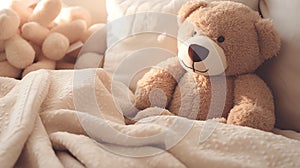 Christmas decor, teddy bear close-up on the background of a cozy interior