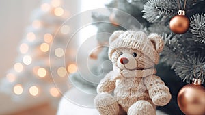 Christmas decor, teddy bear close-up on the background of a cozy interior