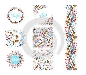 Christmas decor vector. Winter set. Symbols, patterns, border and frames