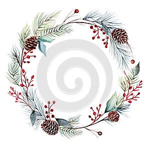 Christmas decor wreath made of Christmas tree branches and pine cones isolated on white background