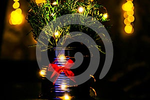 Christmas decorated eco christmas tree in metal jar with bokeh lights on background in living room at night. Zero waste