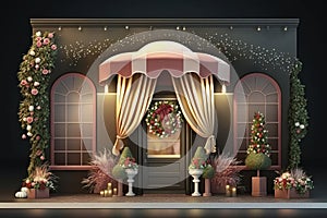 Christmas decorated entrance with awning and gift boxes. Generative AI photo