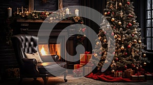 Christmas decorated fireplace. Interior living room with Christmas tree and gifts, armchair with blanket and gifts. Warm