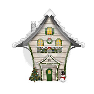 Christmas decorated house. wooden house with decorations, lights, christmas tree and snowman