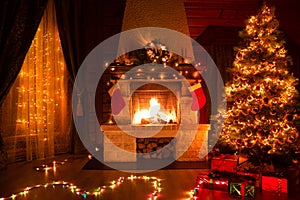 Christmas decorated interior with fireplace, window and xmas tree