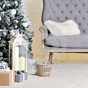 Christmas decorated room, photo studio interior