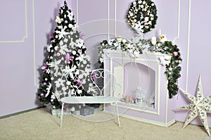 Christmas decorated room, photo studio interior