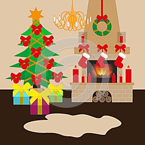 Christmas decorated room with xmas tree and fireplace. Flat style vector illustration.