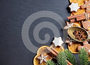 Christmas decorated slate copy space background