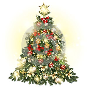 Christmas decorated tree with baubles, stars, snowflakes and lights
