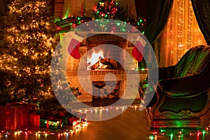 Christmas decorated tree in dark interior with fireplace, armchair, and window