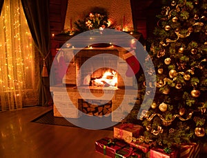 Christmas decorated tree in dark interior with fireplace and window