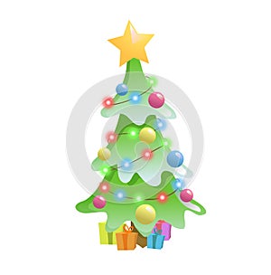 Christmas decorated tree and gift boxes. Christmas and New Year elements. Flat vector illustration. Isolated on white