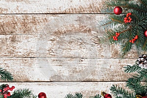 Christmas decorating elements and ornament rustic on white wood table