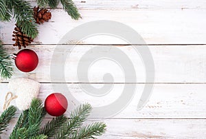 Christmas decorating elements and ornament rustic on white wood table with snowflake.