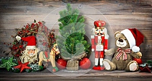 Christmas decoration with antique toys teddy bear
