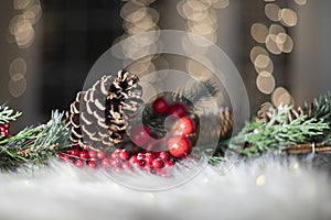 Christmas decoration background with cones and berries