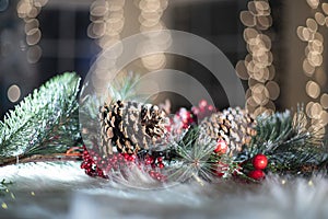 Christmas decoration background with cones and berries