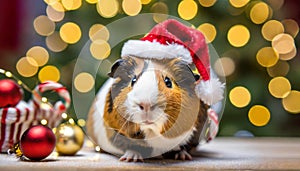 Christmas decoration background. Cute Guinea Pig wearing Christmas hat , ai generated