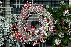 Christmas decoration background for design. A wreath of holly branches with berries in hoarfrost. Round frozen wreath on the door