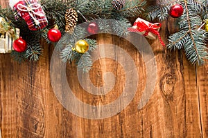 Christmas decoration background. Christmas tree and holidays ornament. Copy space