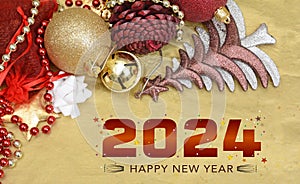 Christmas Decoration, Balls Pines and Tree on banner with Happy New Year 2024 text