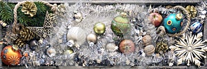 christmas decoration banner with colored christmas glass balls