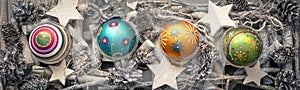 christmas decoration banner with colored christmas glass balls