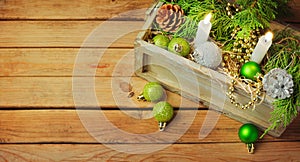 Christmas decoration banner design on wooden background. Copy space for your text