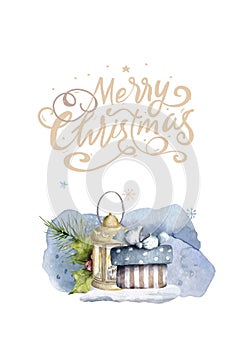 Christmas Decoration Banner - Pine Cones On Fir Branch With Christmas Lights and Lettering Merry Christmas. Watercolor