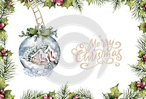 Christmas Decoration Banner - Pine Cones On Fir Branch With Christmas Lights and Lettering Merry Christmas. Watercolor