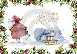 Christmas Decoration Banner - Santa Claus skating With Sleigh Christmas Lights and Lettering Merry Christmas. Watercolor