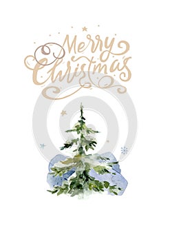 Christmas Decoration Banner - Pine Cones On Fir Branch With Christmas Lights and Lettering Merry Christmas. Watercolor