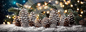 Christmas Decoration Banner - Snowy Pine Cones On Fir Branch With Lights