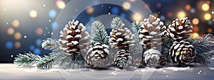 Christmas Decoration Banner - Snowy Pine Cones On Fir Branch With Lights