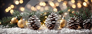 Christmas Decoration Banner - Snowy Pine Cones On Fir Branch With Lights