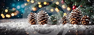 Christmas Decoration Banner - Snowy Pine Cones On Fir Branch With Lights