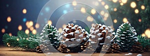 Christmas Decoration Banner - Snowy Pine Cones On Fir Branch With Lights